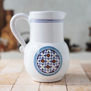 Italy white blue pottery chocolate pitcher geometric design 7 inches tall